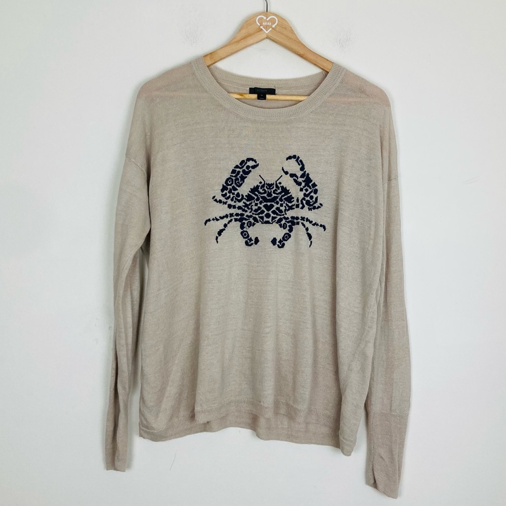 J. Crew tan linen lightweight, long sleeve sweater with navy blue crab motif. M - Picture 2 of 5